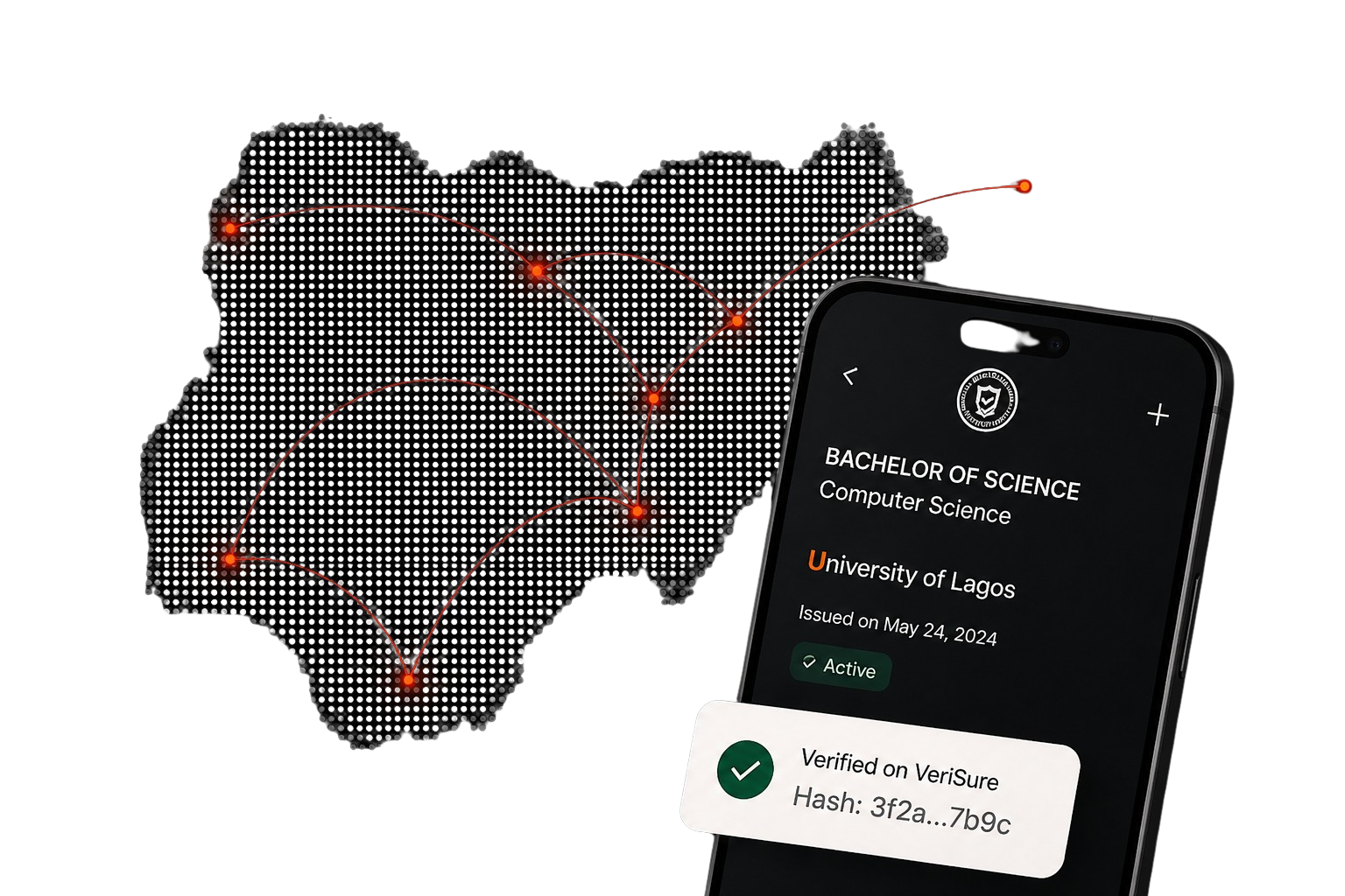 Nigeria map with credential verification network connections and a mobile phone showing a verified B.Sc Computer Science credential from University of Lagos